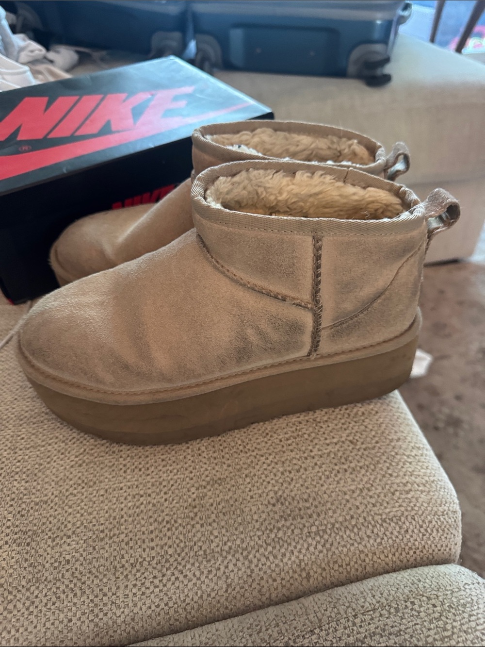 UGG Tan Suede Shearling-Lined Platform Winter Boots
